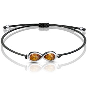 Bransoletka srebrna na sznurku nieskończoność z bursztynem