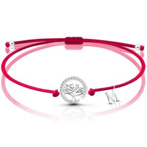 Bransoletka srebrna na sznurku drzewko szczęścia z Twoją literką