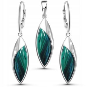 Komplet biżuterii srebrnej malachit kolczyki zawieszka biżuteria 925