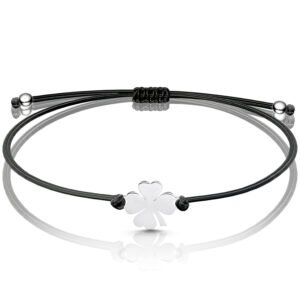 Bransoletka na czarnym sznurku koniczynka