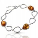 Elegancka srebrna bransoletka 925 naturalny bursztyn Krople Słońca prezent